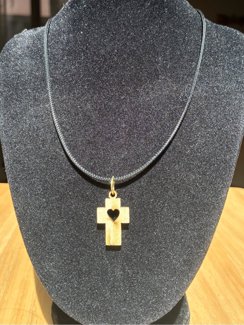 Handmade Wooden Cross Pendant with Cutout Heart – Black Cord Necklace (1 Piece)
